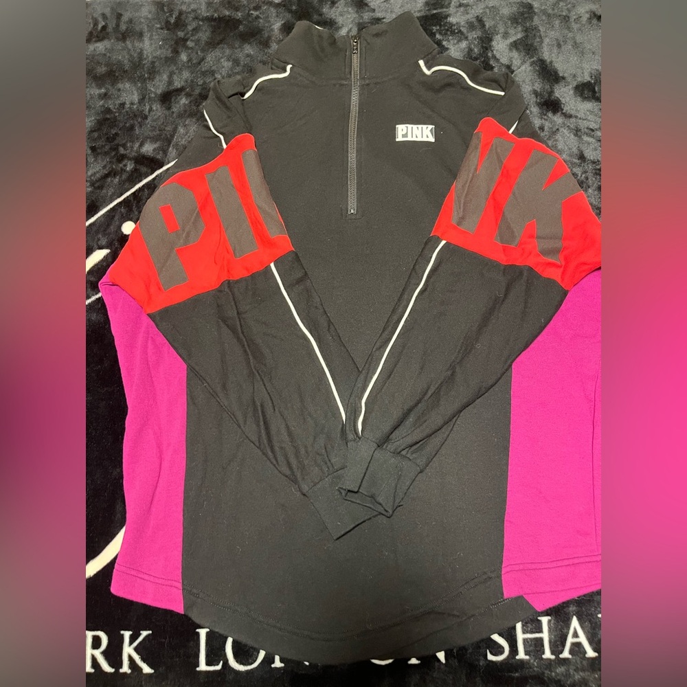 Victoria’s Secret PINK Balck Colorblock Logo Quarter Zip